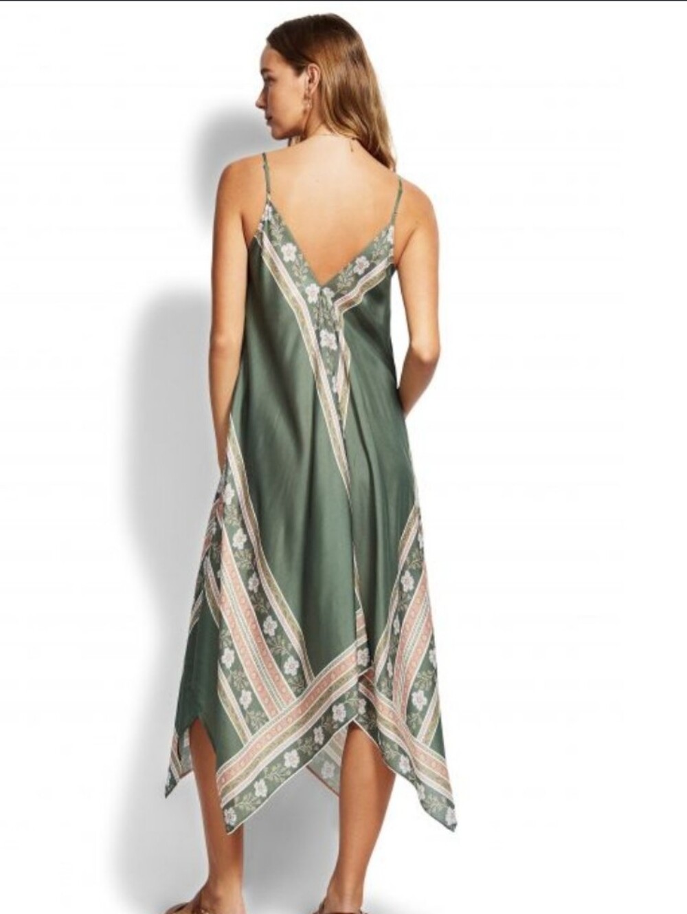 Seafolly Olive Leaf Asymmetrical Scarf Dress in Sage Green and Cream